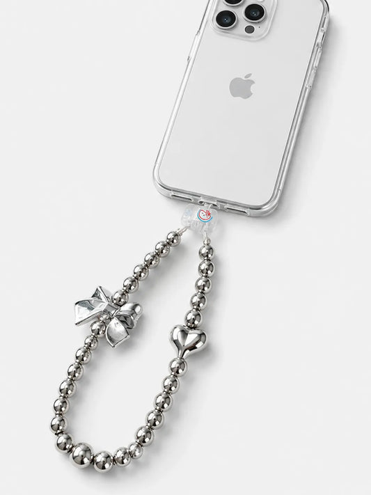 Electroplated Silver Bowknot Beaded Phone Lanyard Chain